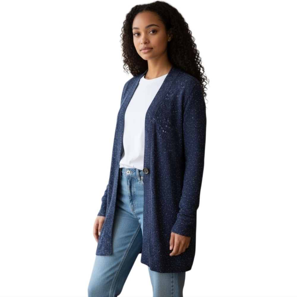 J.Jill Navy Speckled Longline Open Cardigan Sweater Angora Blend Size Small
